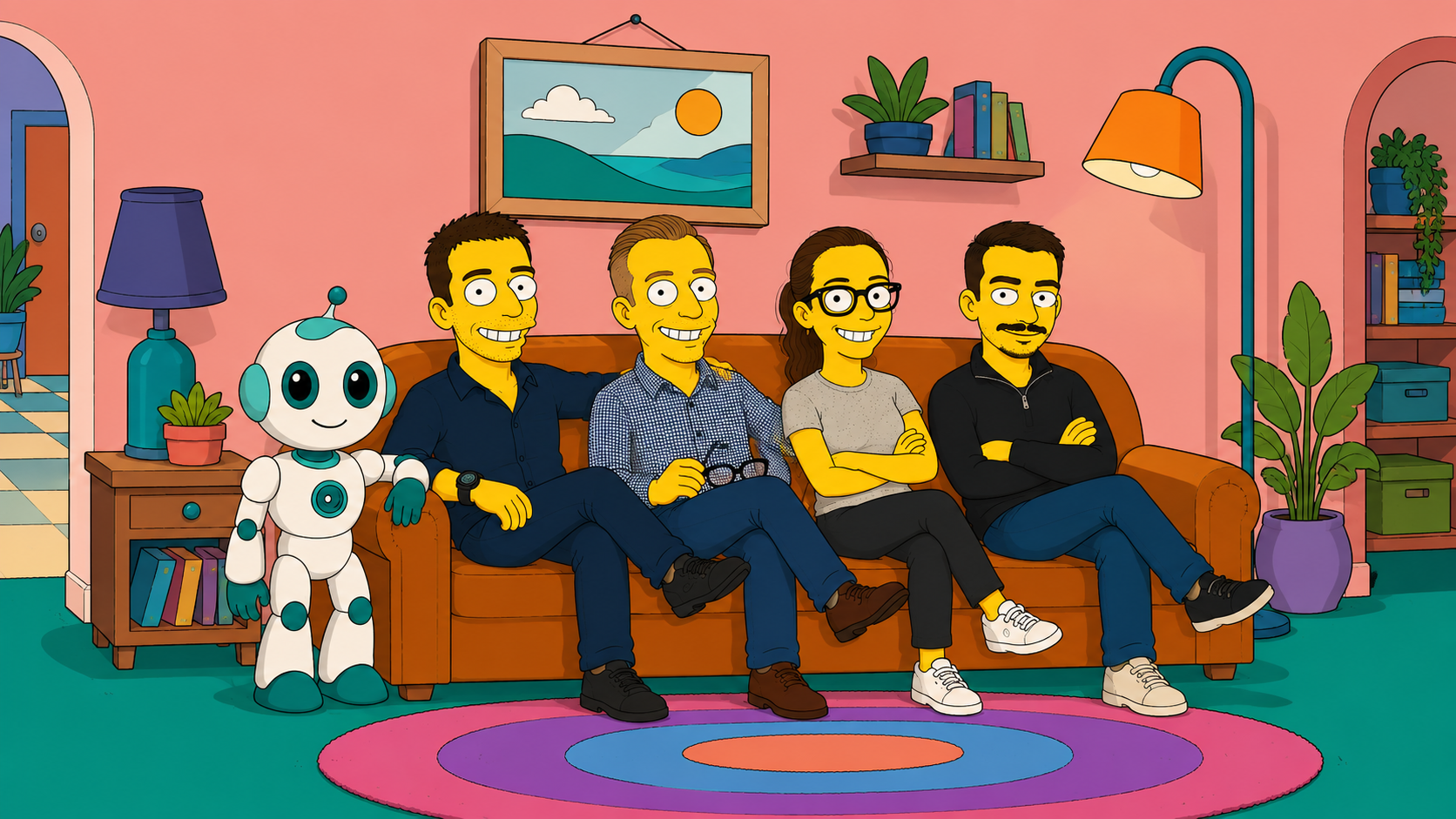 L'équipe SPOC en version Simpsons, assise sur un canapé avec la mascotte Spocky